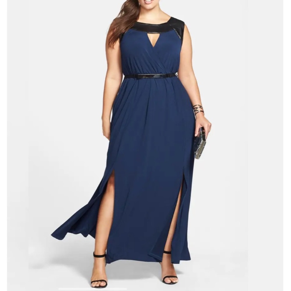 City Chic Faux Leather Trim Maxi Dress